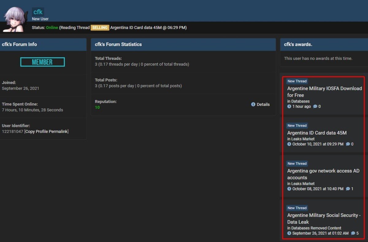 La filtración de datos en un sitio de compra y venta de cibercriminales. Foto Captura de pantalla